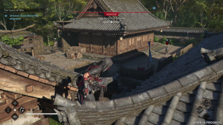 Naoe hides on a temple roof, observing enemies below in Assassin's Creed Shadows