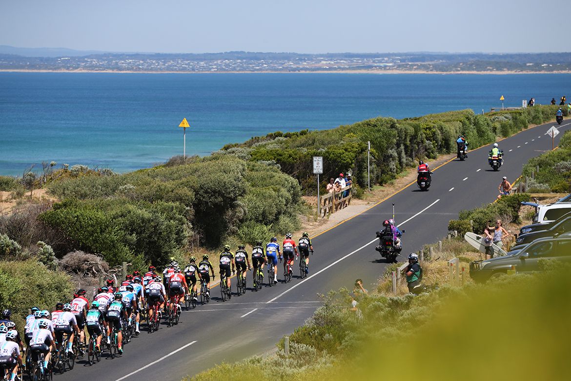 The peloton heads along the Great Ocean Road
