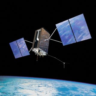 An artist's illustration of the next-generation GPS III global positioning system satellite in orbit.