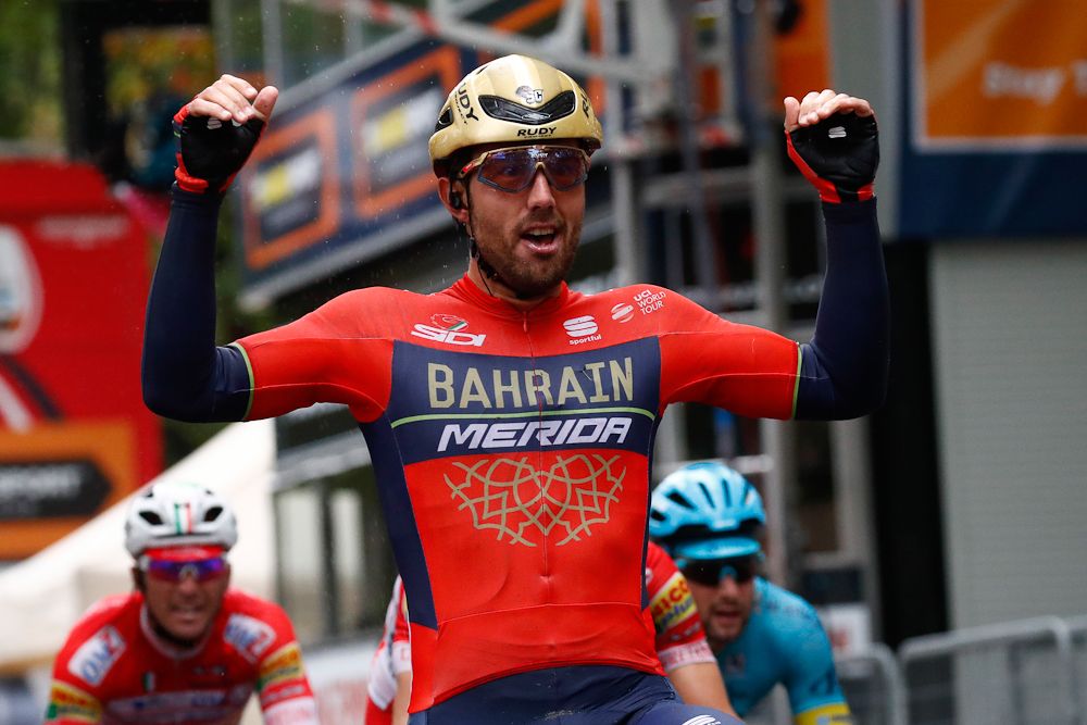Sonny Colbrelli celebrates his win in the 2018 Gran Piemonte