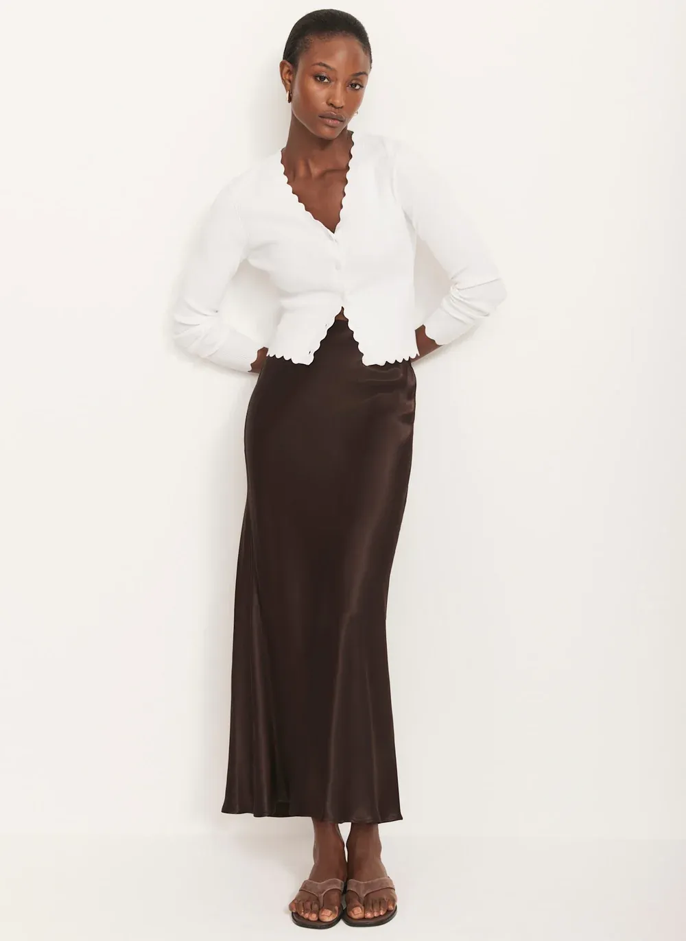 Mint Velvet, Brown Satin Slip Midi Skirt