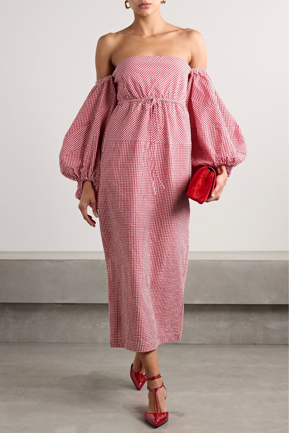 Rosie Asssoulin Off-the-shoulder gingham cotton-seersucker midi dress
