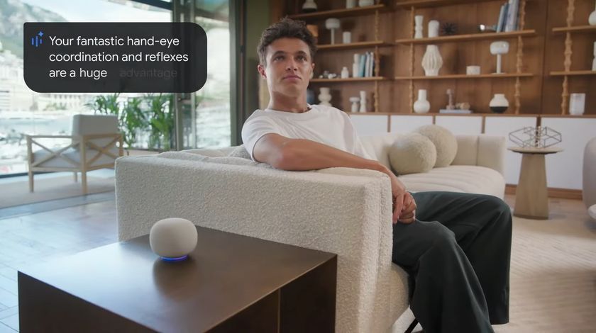 A screenshot of Google&#039;s quick teaser of Gemini for Home during its event in NYC, as well as a new speaker product teaser.