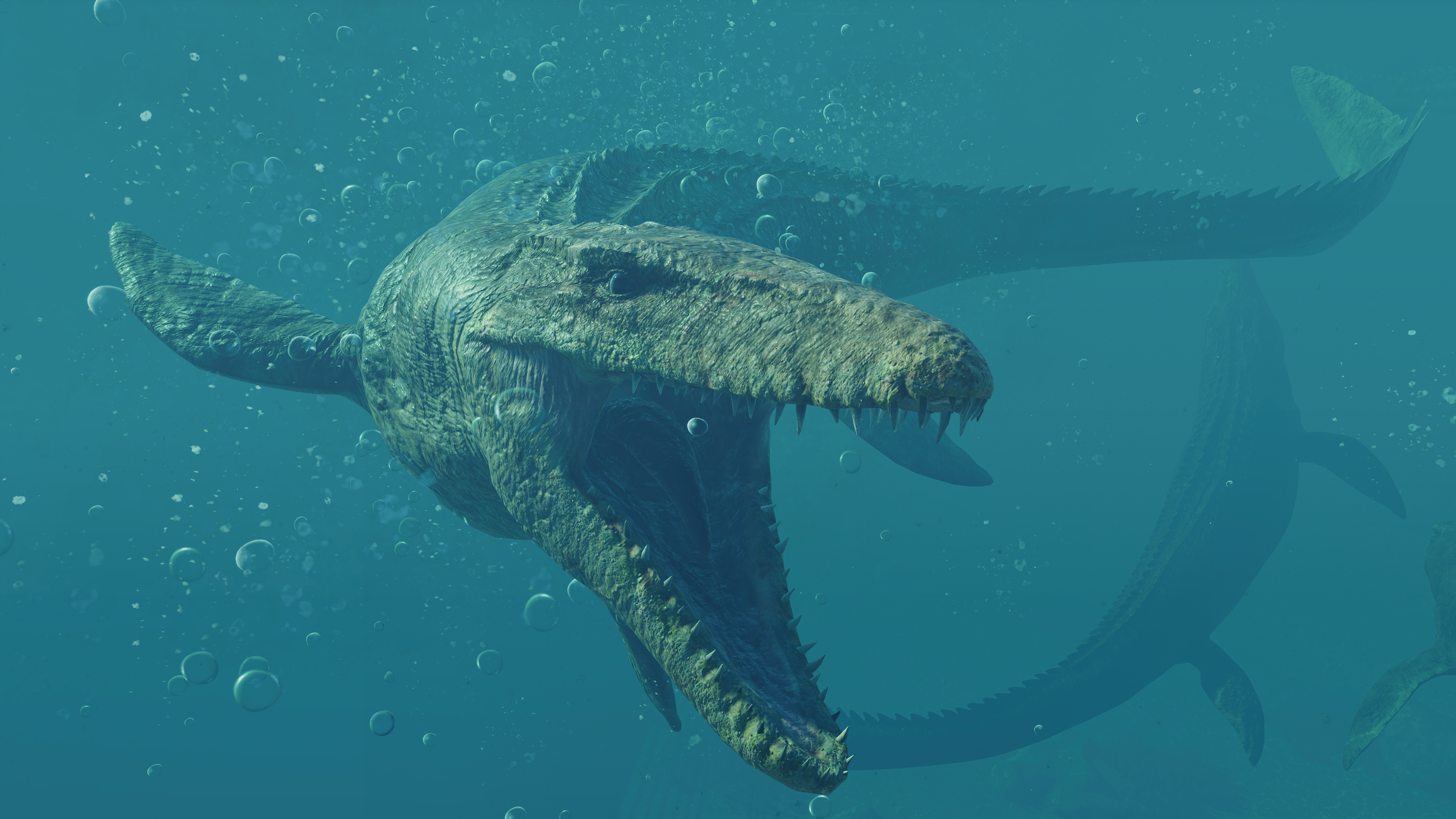 A giant underwater dinosaur called a mosasaurus swimming in water