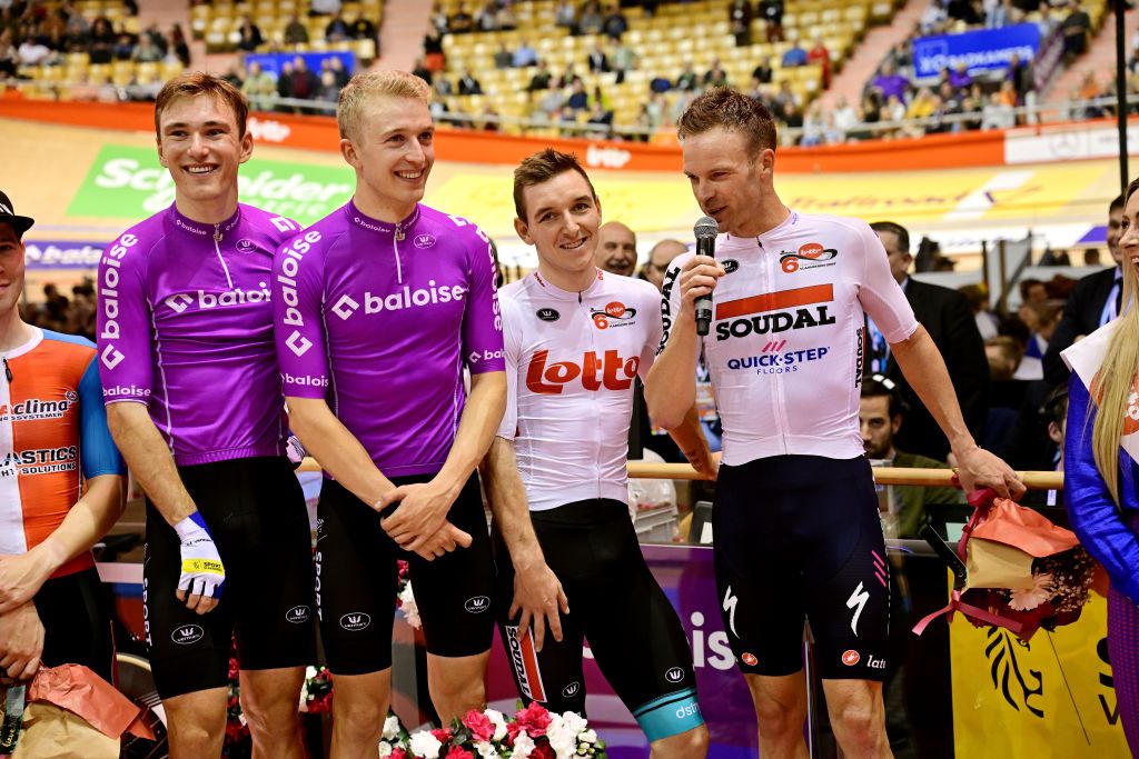 201122 / 100ste Zesdaagse Vlaanderen Gent / Eind podia / Fabio VAN DEN BOSSCHE - Yoeri HAVIK / Lindsay DE VYLDER - Robbe GHYS / Iljo KEISSE - Jasper DE BUYST