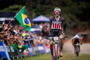 Christopher Blevins (Specialized Factory Racing) celebrates taking the victory at the UCI Mountain Bike World Cup 2024 opening round in Mairiporã