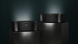 The Marantz AV 20 and AMP 20 in a dark ambient environment on rock plinths