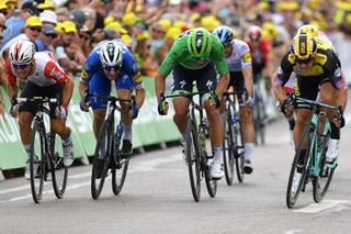 Caleb Ewan, Elia Viviani, Peter Sagan and Dylan Groenewegen sprint at the 2019 Tour de France