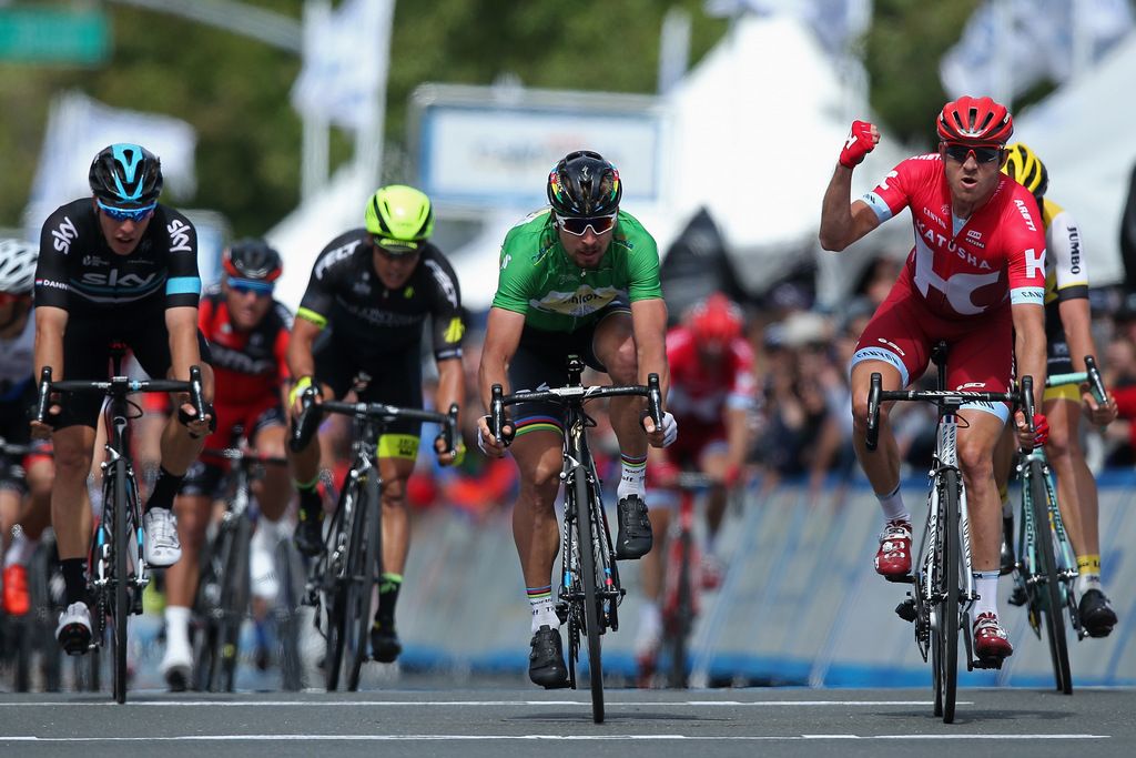 Alexander Kristoff (Katusha) pumps the air after a photo finish stage win