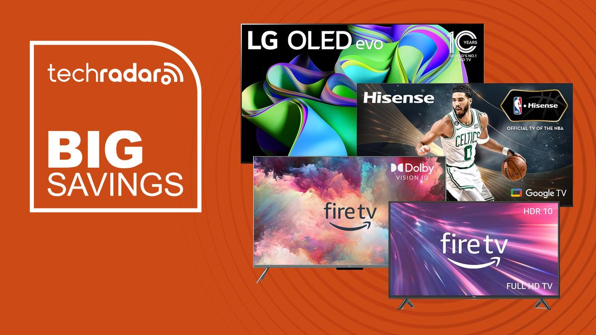 LG, Amazon Fire and Hisense TVs on an orange background