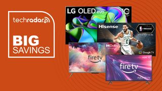 LG, Amazon Fire and Hisense TVs on an orange background