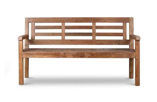 A modern wooden garden bench with Art Deco design