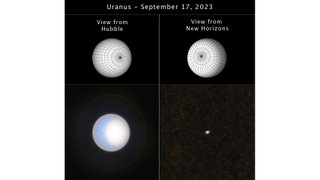 (Left) Uranus as seen by Hubble (right) as seen by New Horizons. Above each image is a visualization of the orientation the ice giant was seen from