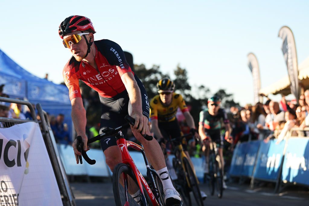 ALTURA SPAIN FEBRUARY 04 Tao Geoghegan Hart of The United Kingdom and Team INEOS Grenadiers celebrates at finish line as stage winner during the 74th Volta a la Comunitat Valenciana 2023 Stage 4 a 1816km stage from Burriana to Alto de la Cueva Santa Altura 832m VCV2023 VoltaValenciana on February 04 2023 in Altura Spain Photo by Dario BelingheriGetty Images