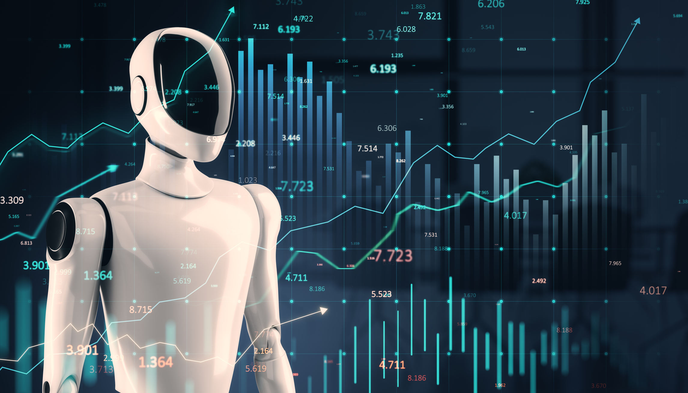 Robot with futuristic financial charts in the background