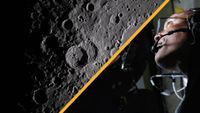 A composite of two images, the one on the left being a close up of the moon's gray, cratered surface and the right showing a man wearing glasses looking out a window to the left of the image