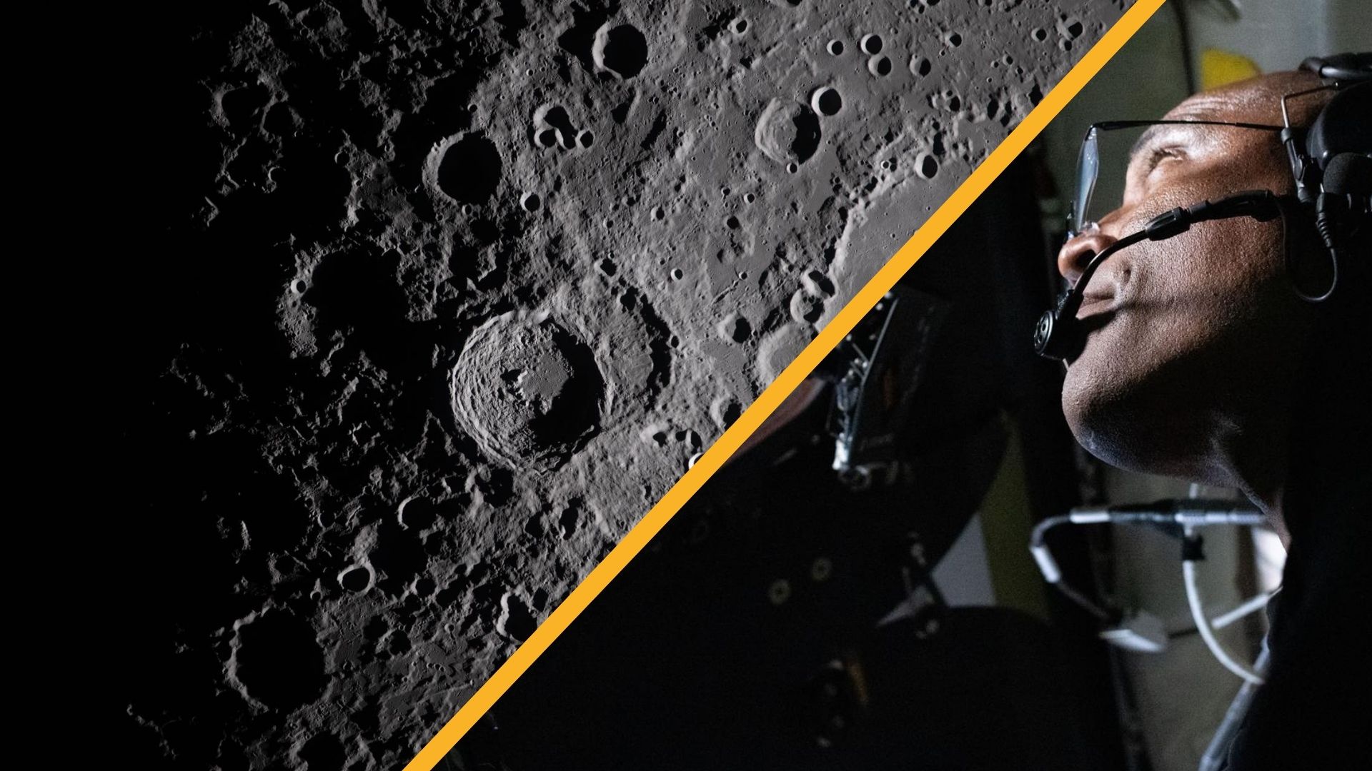 A composite of two images, the one on the left being a close up of the moon's gray, cratered surface and the right showing a man wearing glasses looking out a window to the left of the image