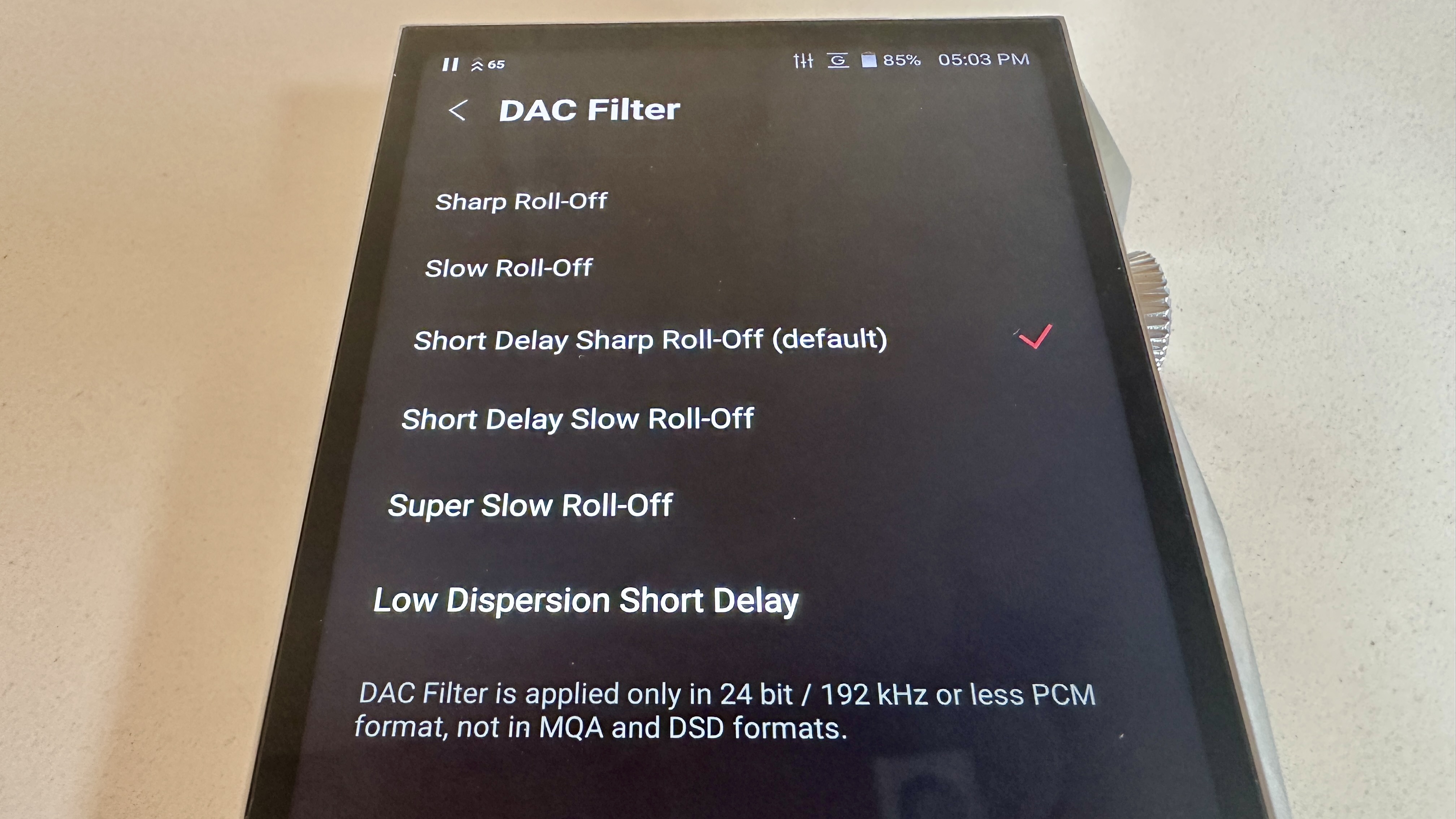 Astell &amp;amp; Kern A&amp;amp;ultima SP4000 digital media player, showing potential DAC filter options, on a white surface
