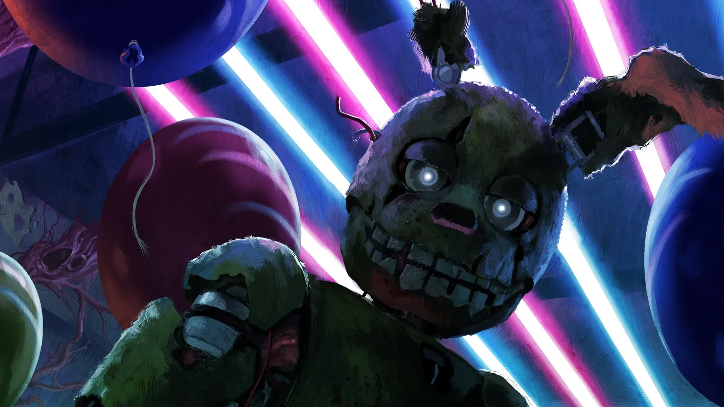 Springtrap concept art for his Dead by Daylight Killer design. He's wearing the Yellow Rabbit costume again here, with party balloons and laser lights scattered behind him. 