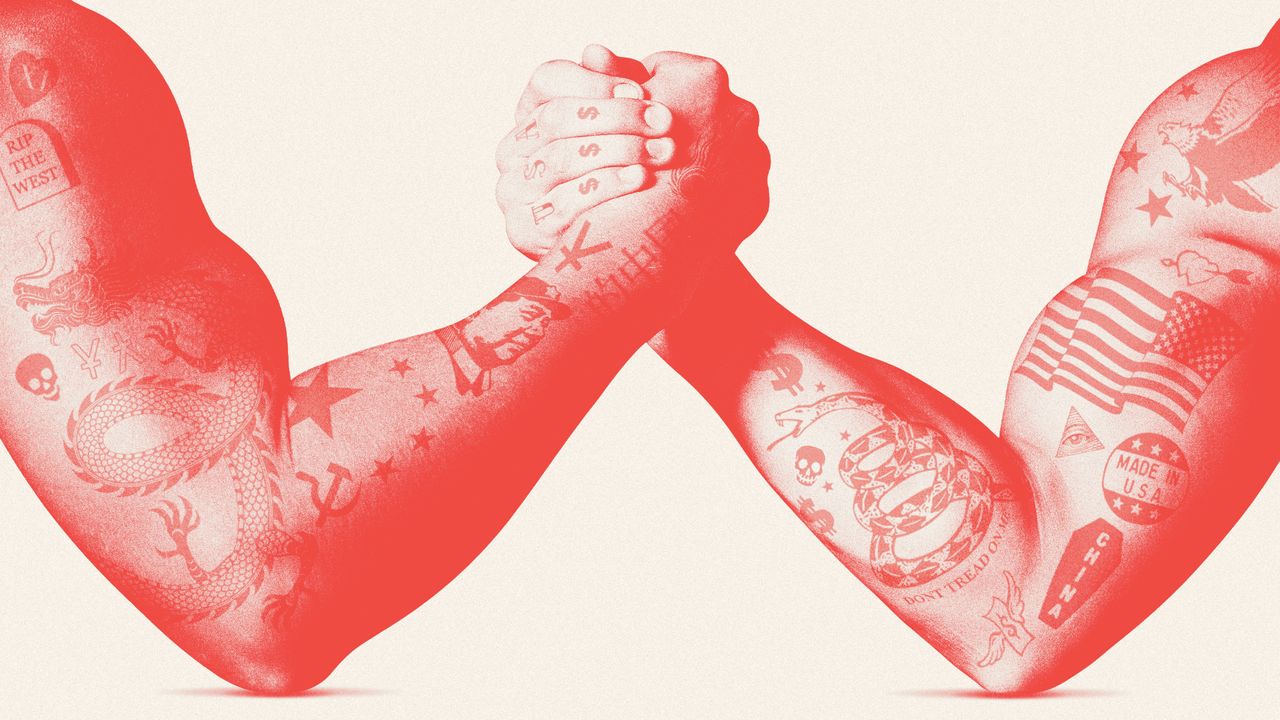 Illustration of two tattooed people arm wrestling