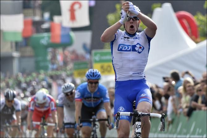 Arnaud Demare (FDJ) celebrates his stage win at the Tour de Suisse