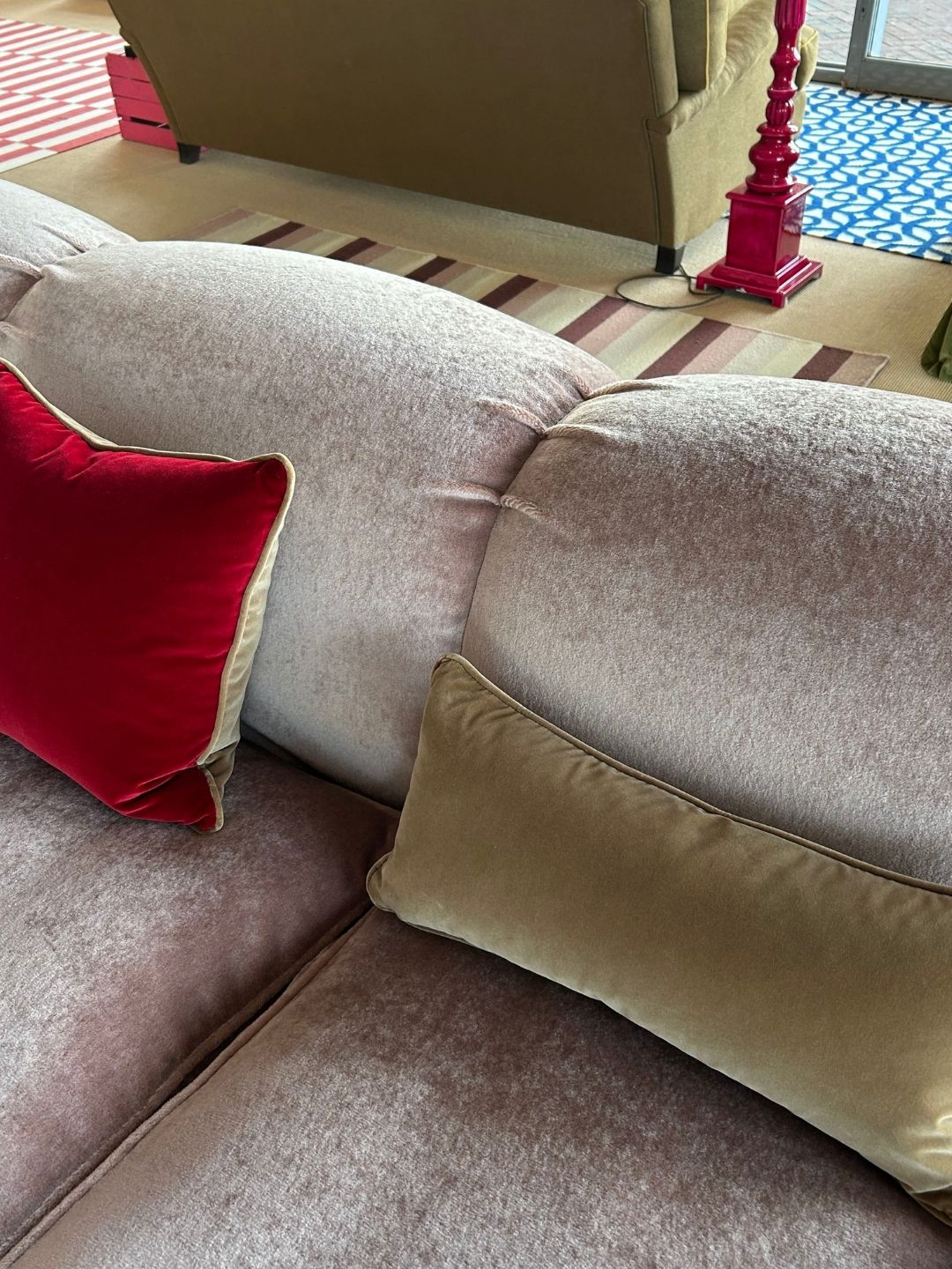 Close-up of Lenny sofa in Heather Mohair Velvet, styled with Pinot and Tawny velvet cushions, showing its plush seat and back upholstery.