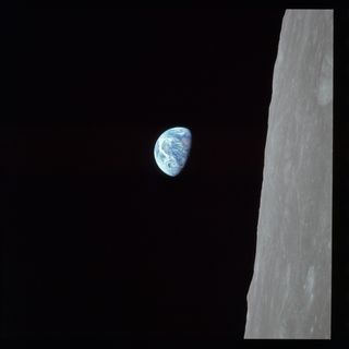 Earthrise as the astronauts aboard Apollo 8 saw it during their flight.