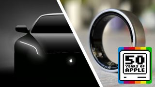 A mock-up of the Apple Car next to a photo of the Samsung Galaxy Ring