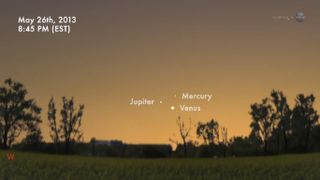 This NASA graphic shows how close Jupiter, Venus and Mercury will appear on the western horizon in the sunset sky on May 26, 2013.