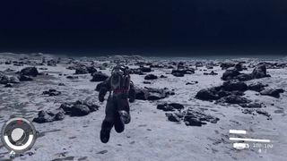 Starfield boostpacks player using boost pack to fly across the moon