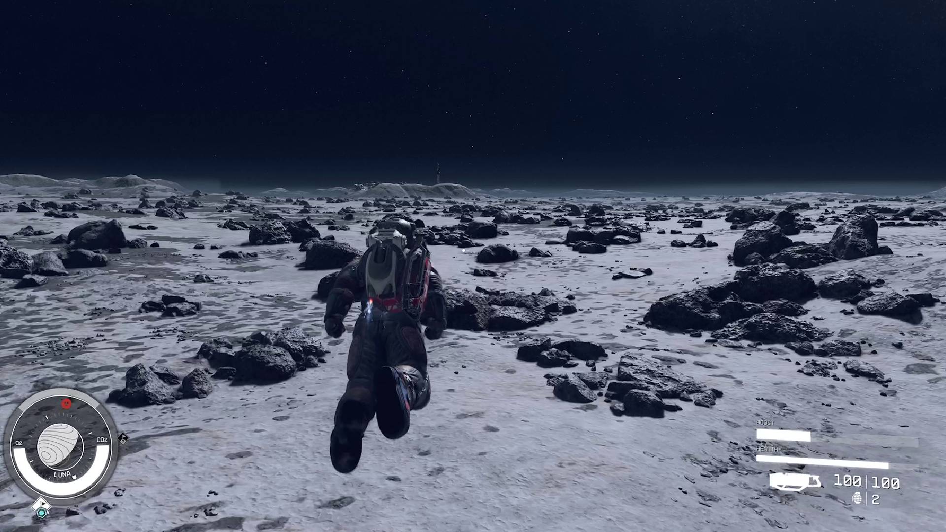 Joueur de Starfield boostpacks utilisant le boost pack pour voler à travers la lune
