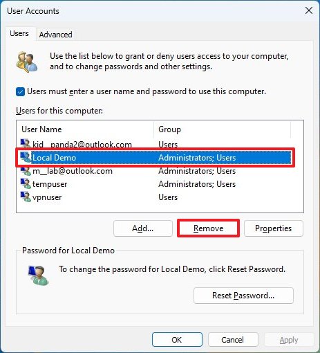 netplwiz remove account on Windows 11