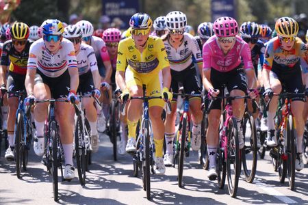 NICE, FRANCE - AUGUST 09: (L-R) Zoe Backstedt of Great Britain and Team Canyon//SRAM Racing zondacrypto, Demi Vollering of Netherlands and Team FDJ United - SUEZ - Yellow Leader Jersey and Nina Berton of Luxembourg and Team EF Education - Oatly compete during the 5th Tour de France Femmes 2026, Stage 9 a 99.2km stage from Nice to Nice / #UCIWWT / on August 09, 2026 in Nice, France. (Photo by Alex Broadway/Getty Images)