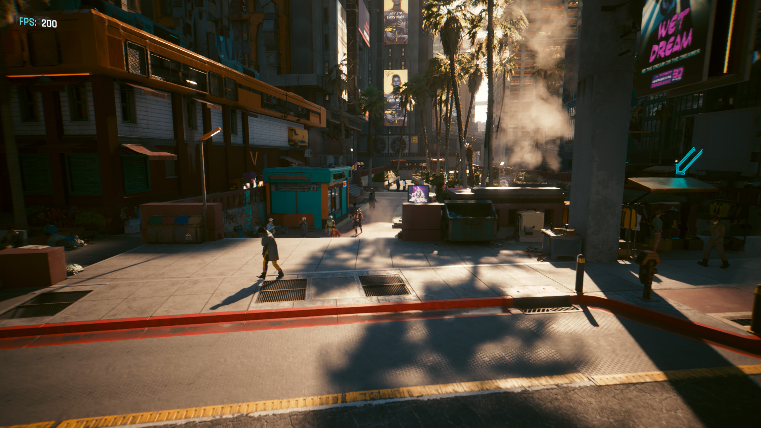 Cyberpunk 2077 PC game benchmark running on a Radeon RX 9070 XT graphics card, showing a city scene with framerate count in the top left