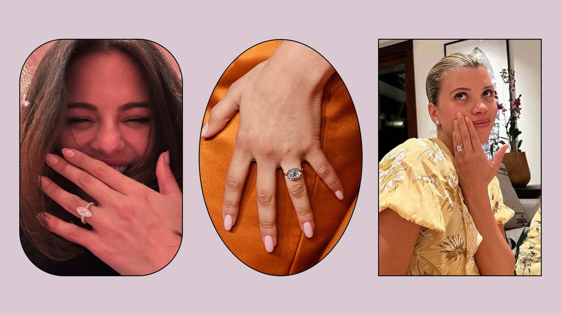 GIF Photo collage of different celebrities and their diamond engagement ring cuts.