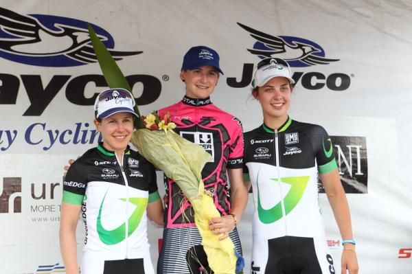 The race 2 podium - Amanda Spratt (GreenEDGE), Loren Rowney (Total Rush) and Melissa Hoskins (GreenEDGE)