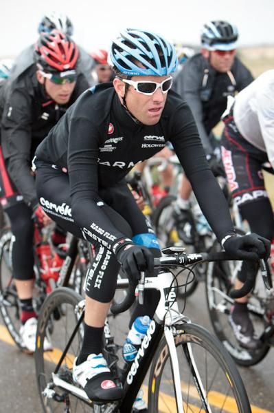Christian Vande Velde (Garmin-Cervelo) tries to stay warm and dry en route to Modesto.