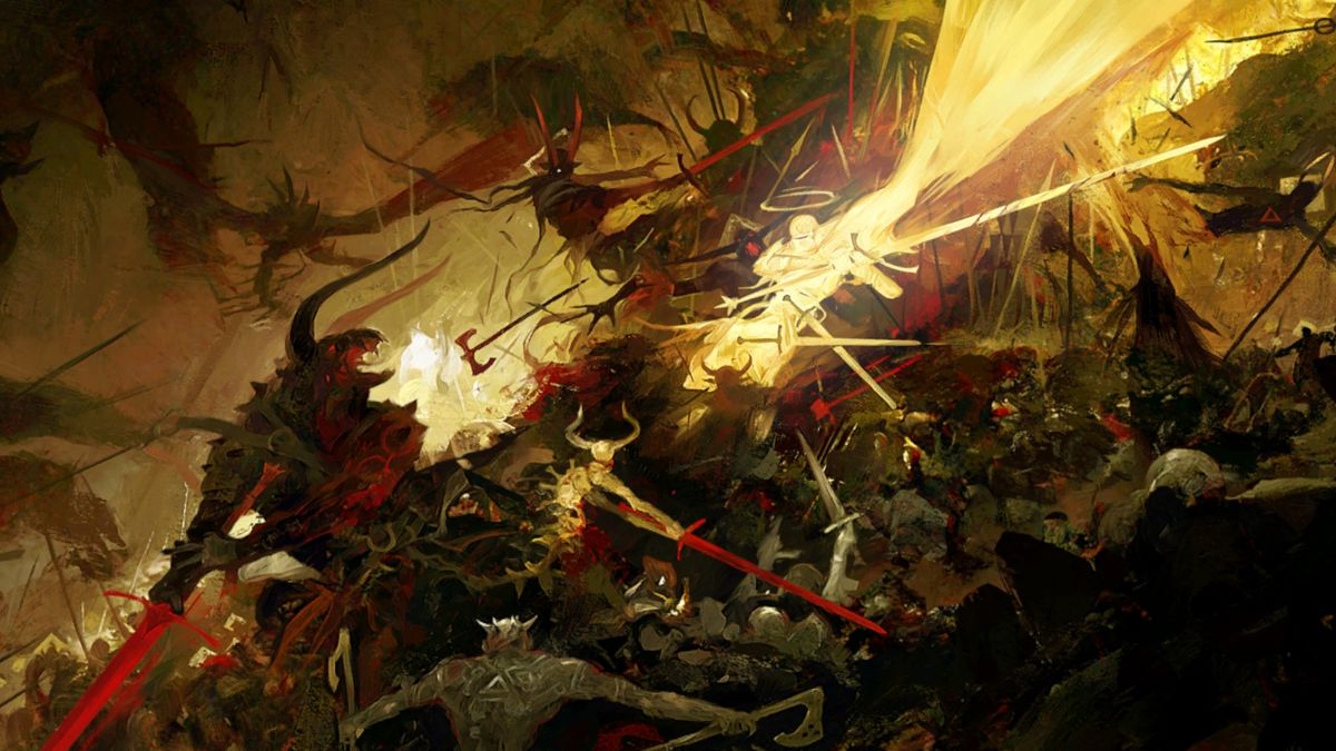 A paladin fights a legion of demons