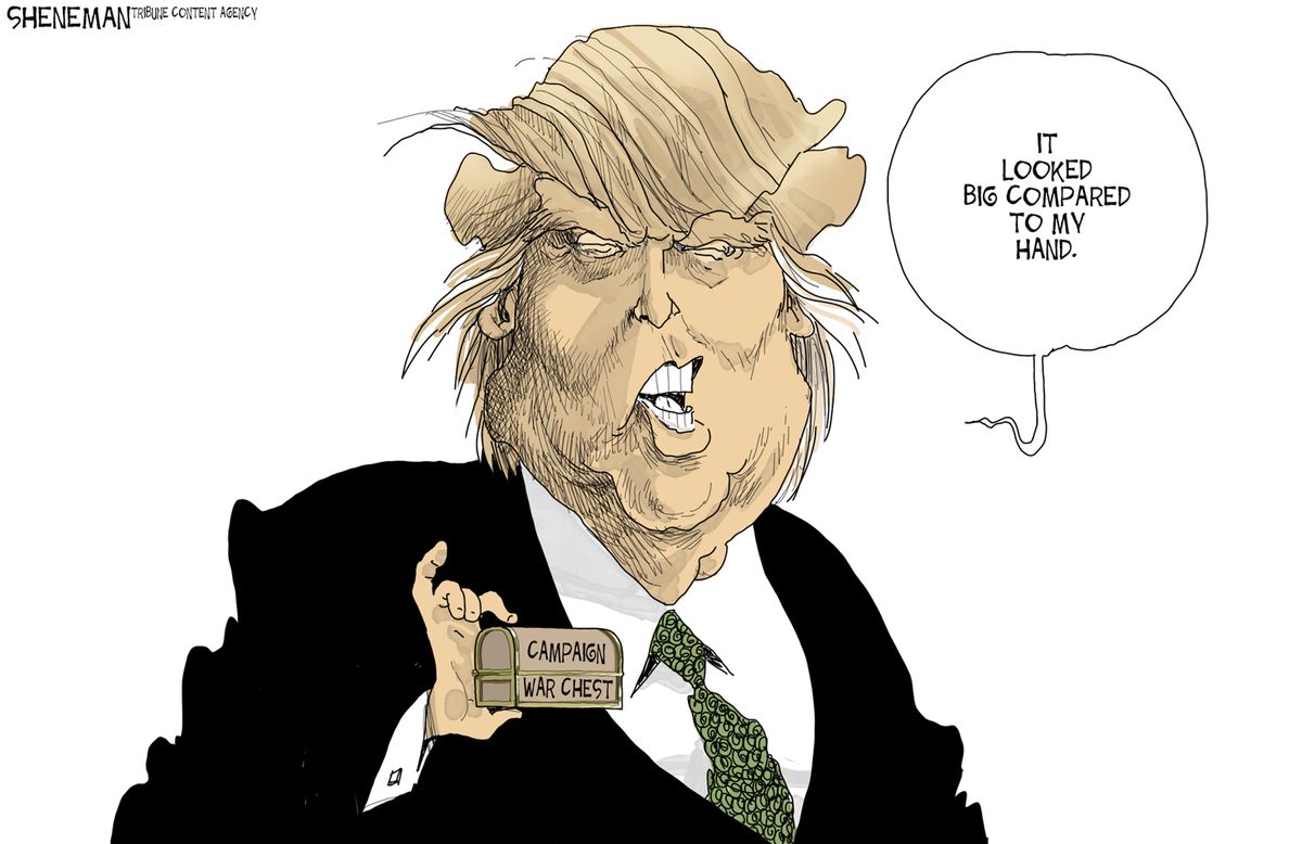 Political cartoon U.S. Trump campaign finances hands | The Week