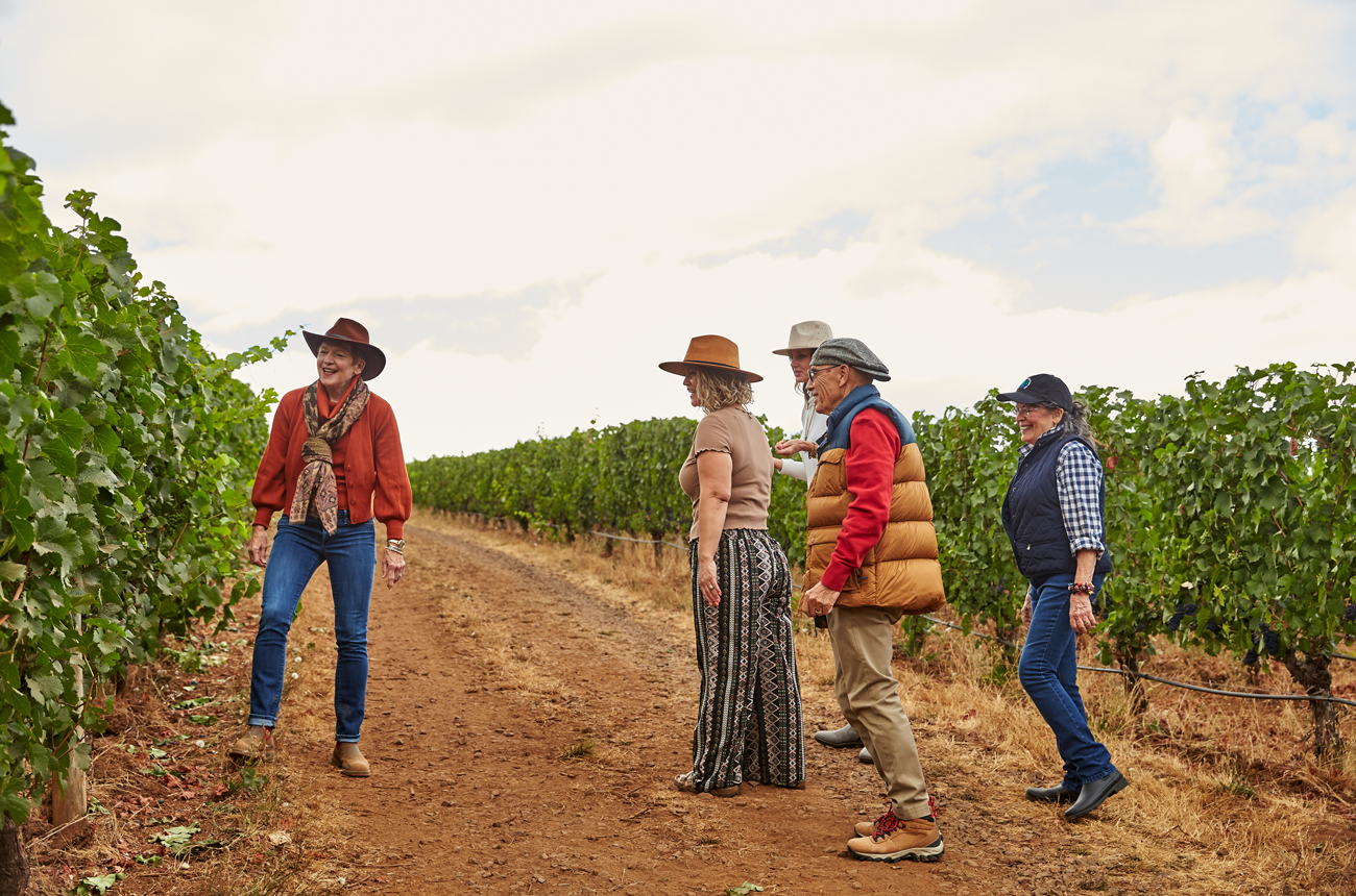Guests hiking through the Knudsen vineyards