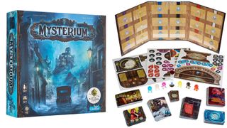 Mysterium board game box and components stacked up