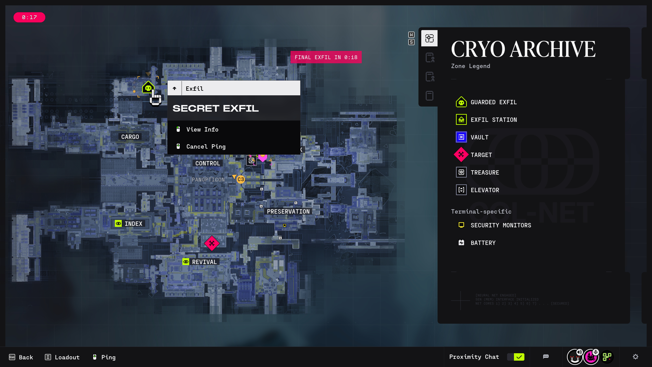 Marathon Cryo Archive extract: The player looking at a Secret Exfill marked on the map.
