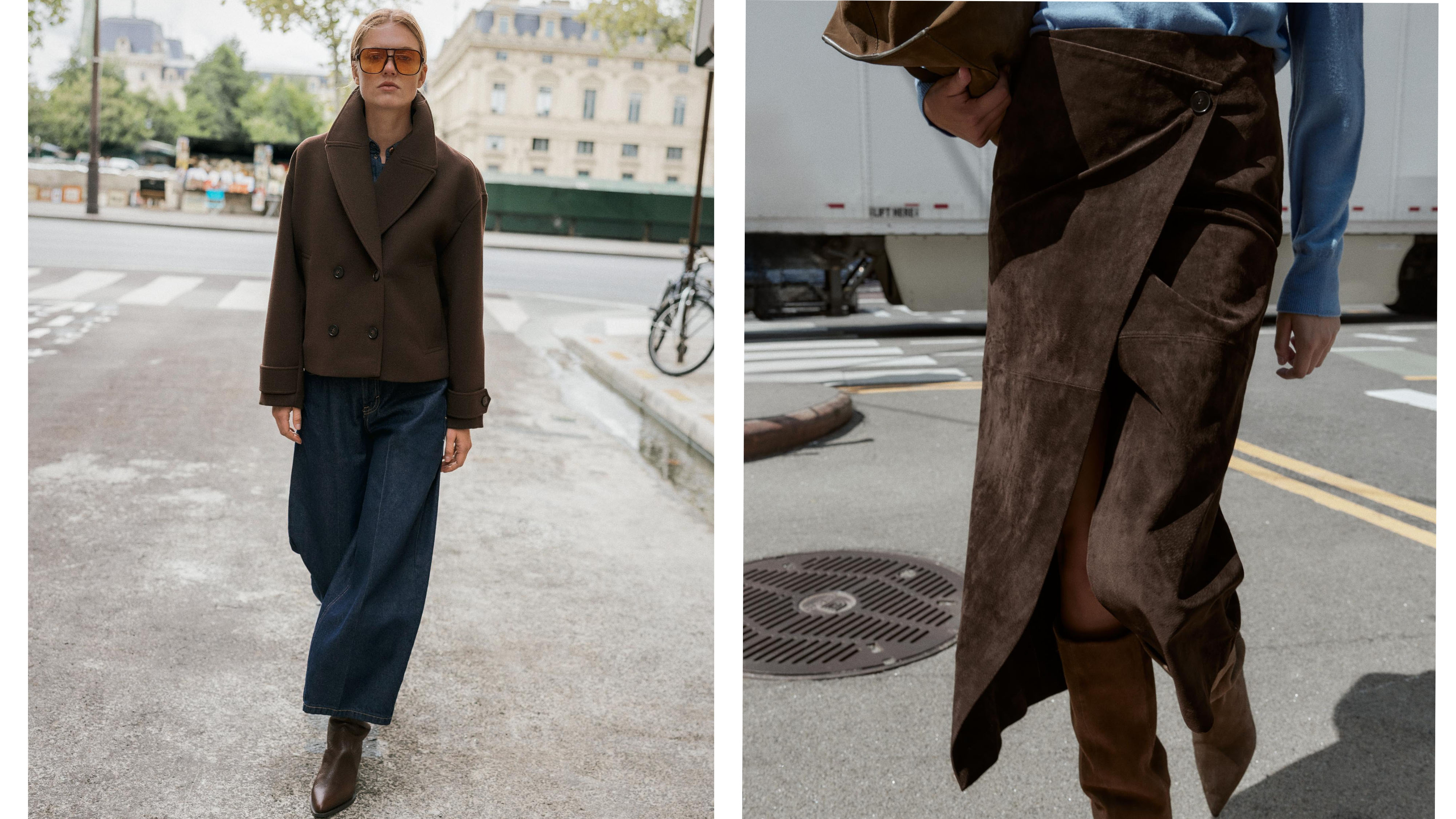 Woman in brown short coat and jeans; woman in brown suede skirt.