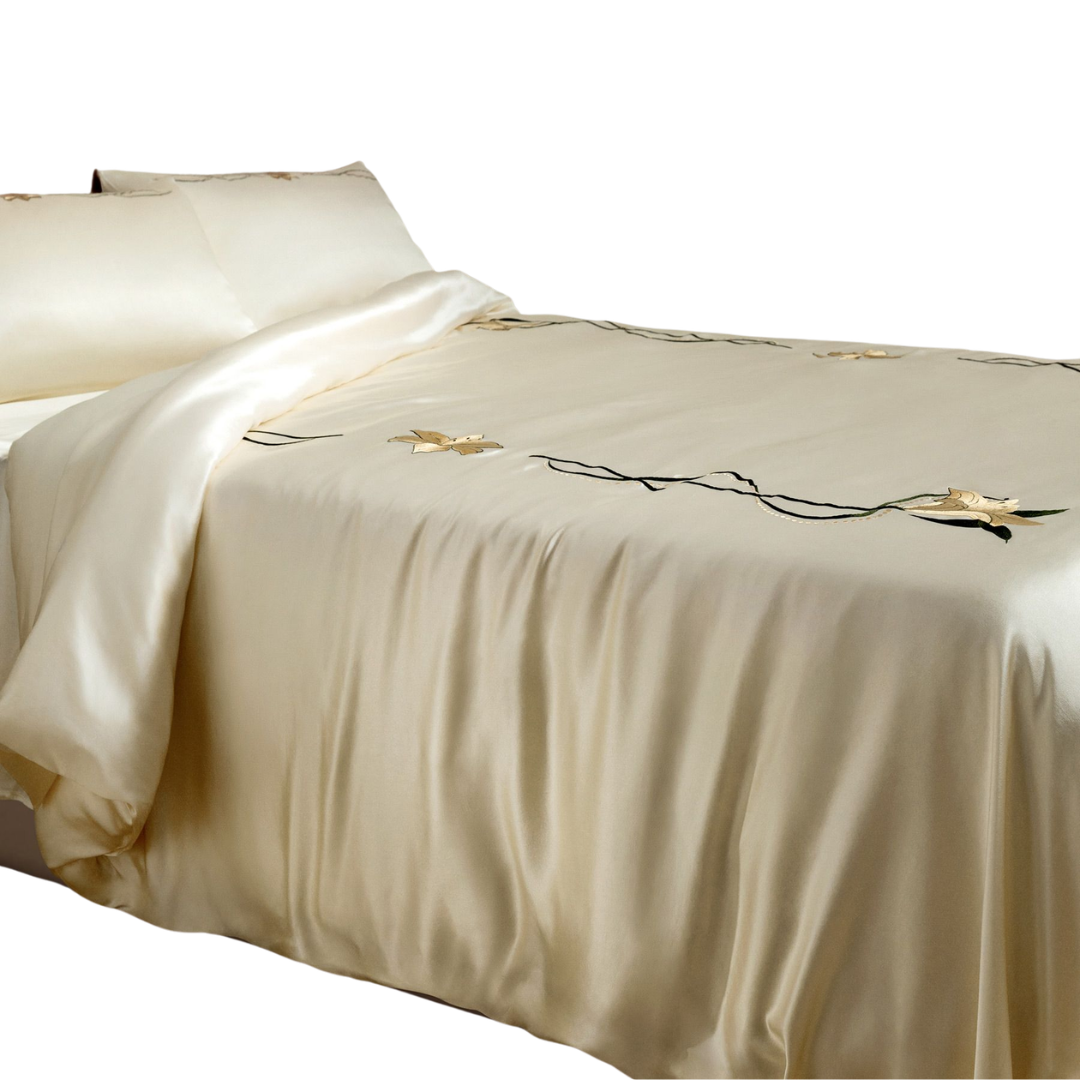 Lily Embroidered Silk Fitted Sheet Set