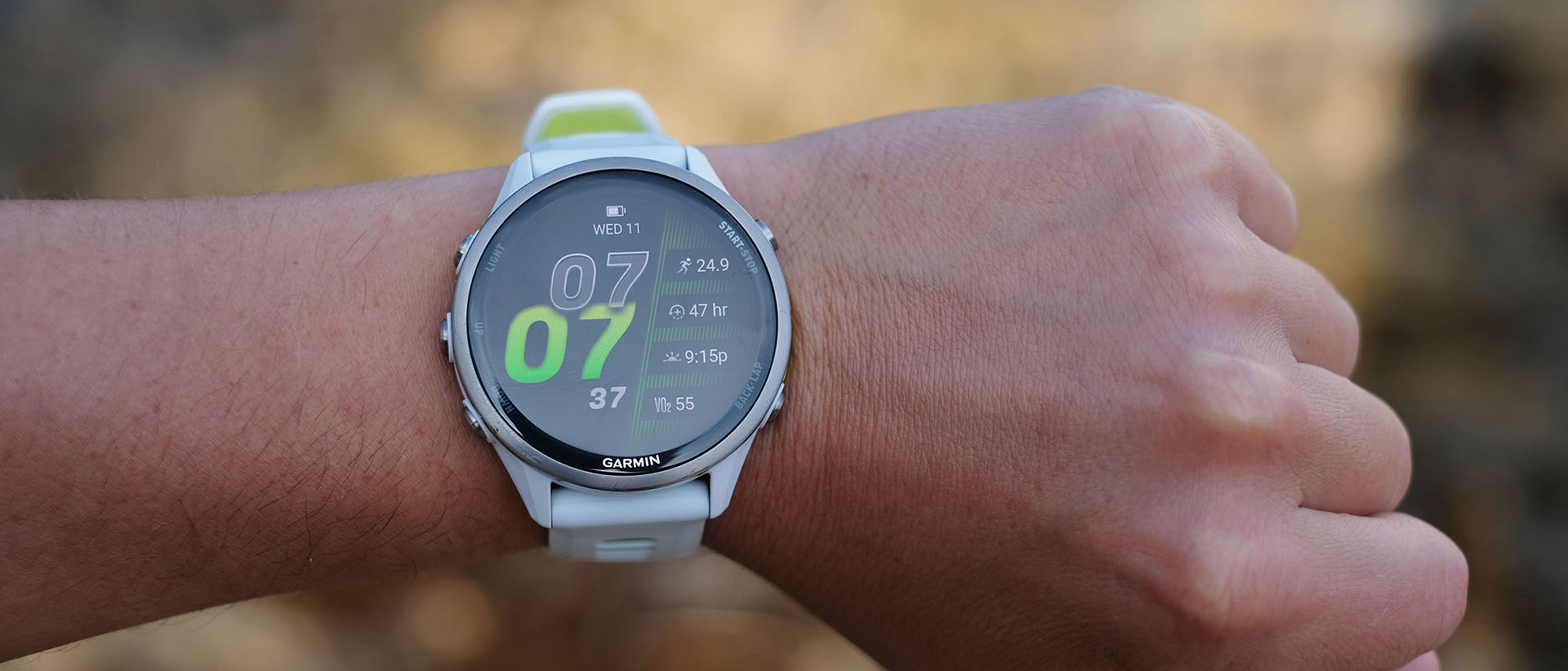 A close-up picture of our reviewer testing the Garmin Forerunner 970