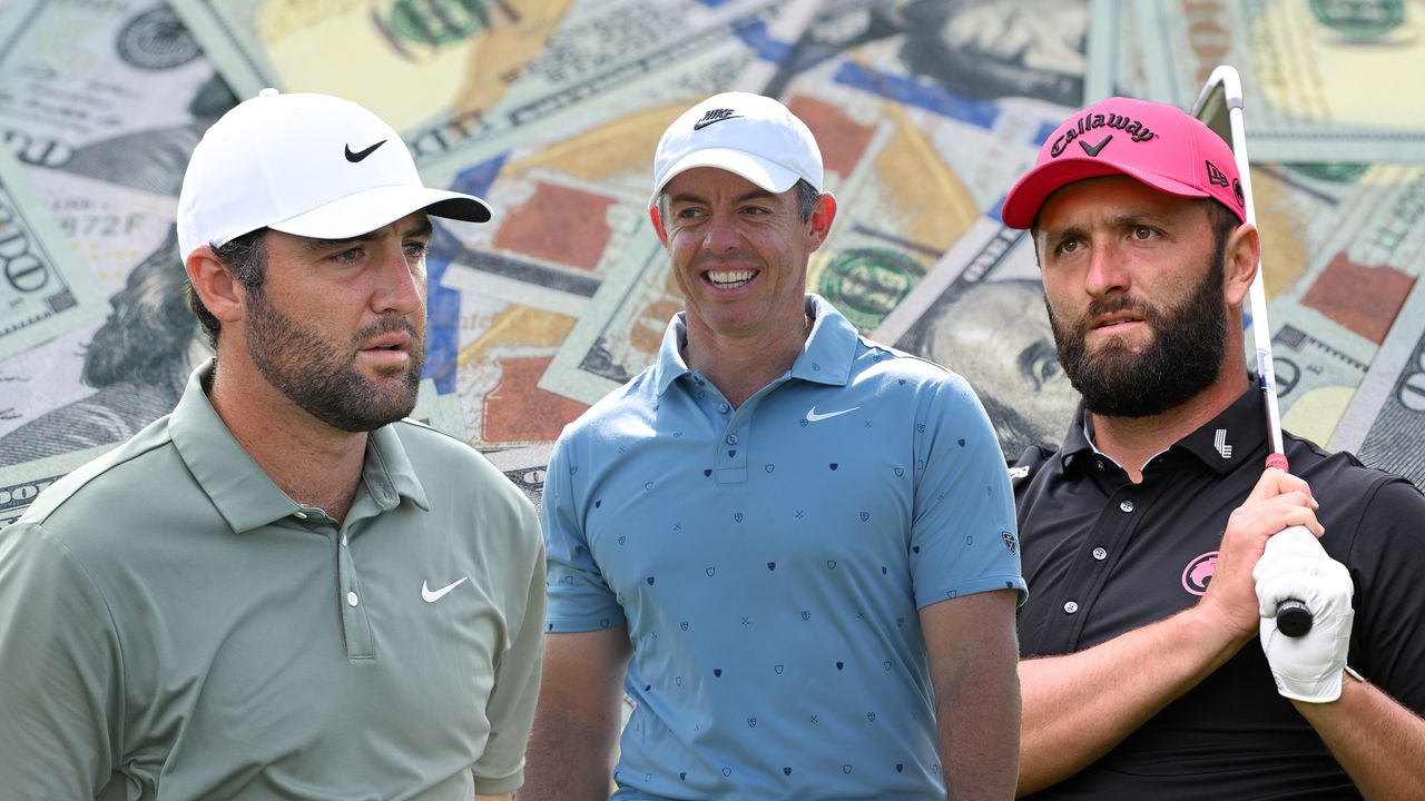 (L to R) Scottie Scheffler, Rory McIlroy and Jon Rahm cut out onto a background of 100 US dollar notes