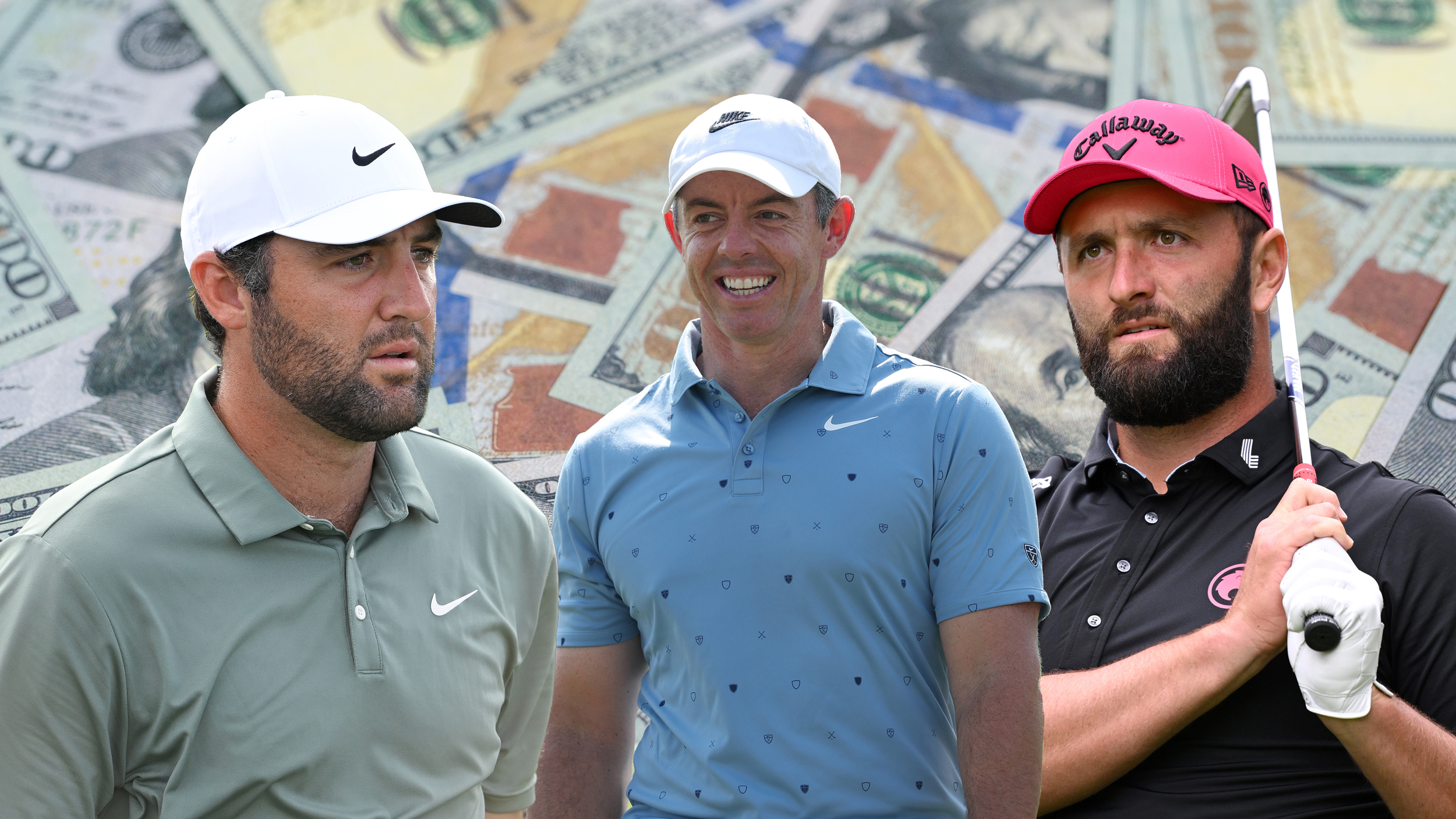 (L to R) Scottie Scheffler, Rory McIlroy and Jon Rahm cut out onto a background of 100 US dollar notes