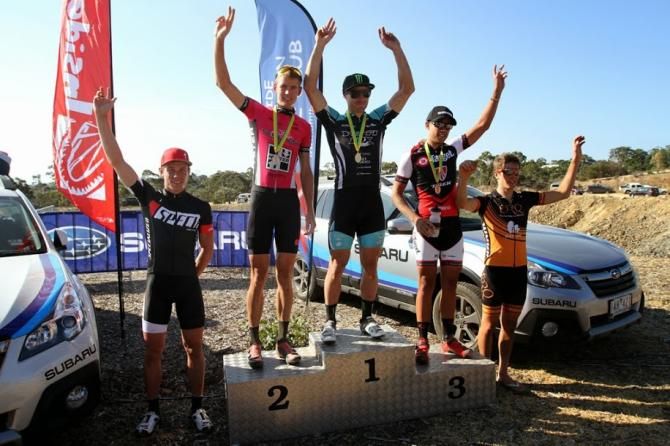 Elite Men's XC Podium (L to R): Cameron Ivory (4th), Michael Crosbie (2nd), Jared Graves (1st), Brendan Johnston (3rd), Mark Tupalski (5th)