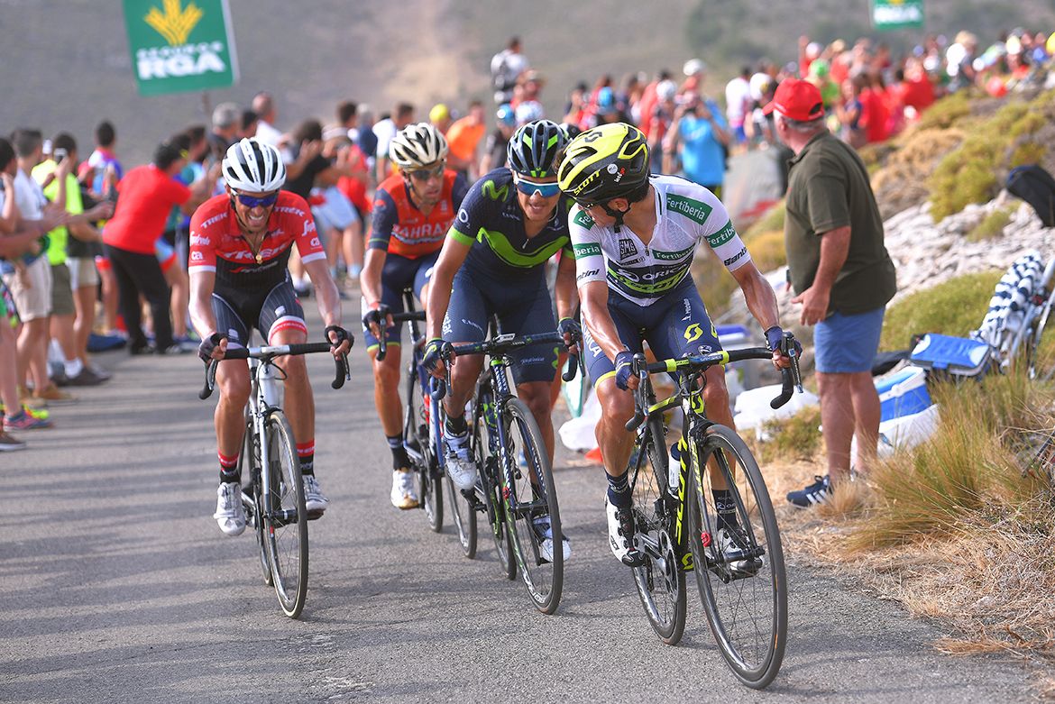 Esteban Chaves looks back at those on his wheel on stage 14 of the Vuelta a Espa&ntilde;a