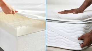 Saatva vs Molecule image shows the Saatva Graphite Mattress Topper on one side and the Molecule CopperWELL Mattress Topper on the other